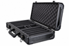 Open empty black aluminum poker chip case, angled view